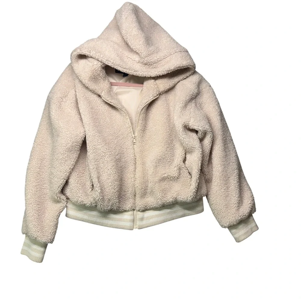 Scoop Cream Sherpa Fleece Teddy Bear Jacket Hooded Zip Up Bomber Style Small Y2K - Picture 3 of 10